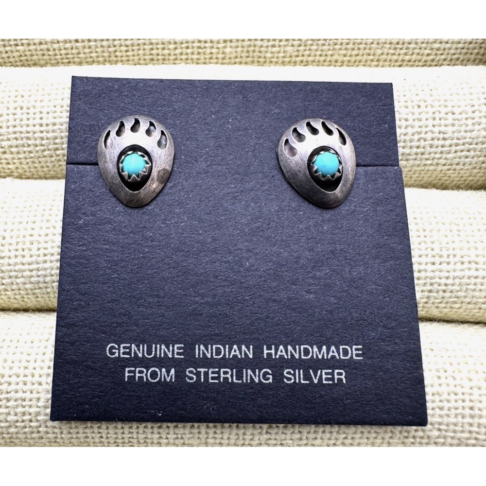 Vintage Sterling Silver Turquoise Earrings Bear Paw Original Card Southwestern